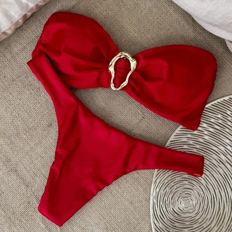 밴도 비키니 푸쉬업 수영복 여성 2피스 세트 섹시 브라질리언 마이크로 비키니 메탈 버클 여름 2025 신상 솔리드 스플릿 비치웨어