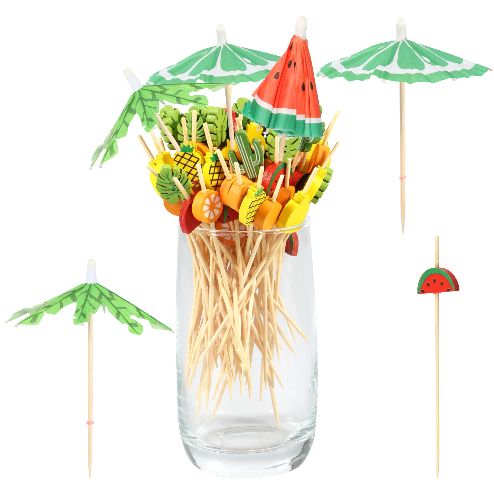 

300Pcs Cocktail Stick Set 4.7inch Reusable Fruit Pick Bamboo Fruit Paper Umbrella Pick Cute Coconut Tree Paper Umbrella Drink