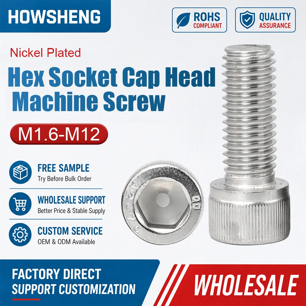 HOWSHENG 2-50 pièces/sac Vis à tête hexagonale à six pans creux de grade 12.9 M2 M3 M4 M5 M6 M8 M10 nickelées à six pans creux