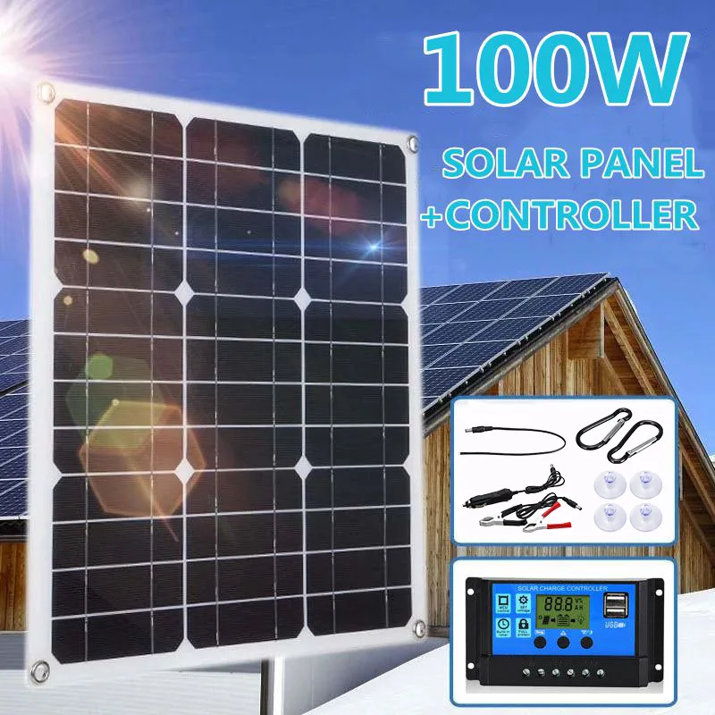 100W Solar Panel kit Charge Power Portable Outdoor Bike Camping Hiking Solar Charging Board Waterproof Solar Cells for Phone RV