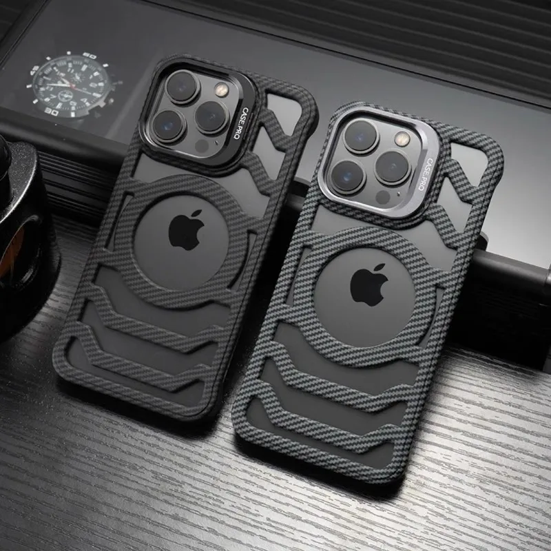For IPhone 16 Mobile Phone Case with Lens Holder Kevlar Carbon Fiber Pattern Protective Cover