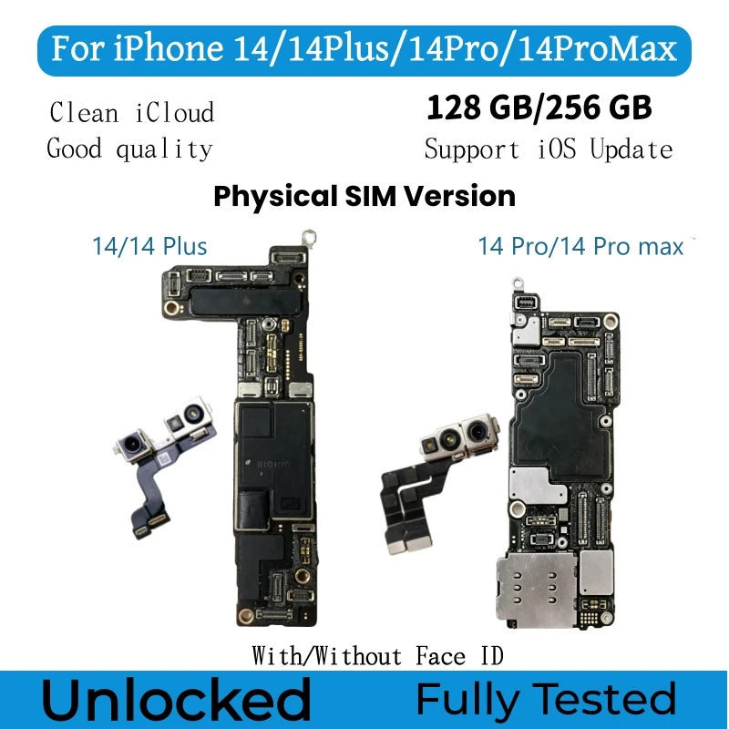 Fully Tested Unlocked Logic Board For iPhone 14Pro, 14 Pro Max, 14 Plus Motherboard With/No Face ID Clean ICloud Mainboard
