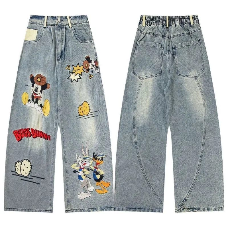 

Vintage American Style Mickey Print Jeans Women Trendy Versatile Cartoon Design Loose Straight Denim Trousers mujeres ofertas