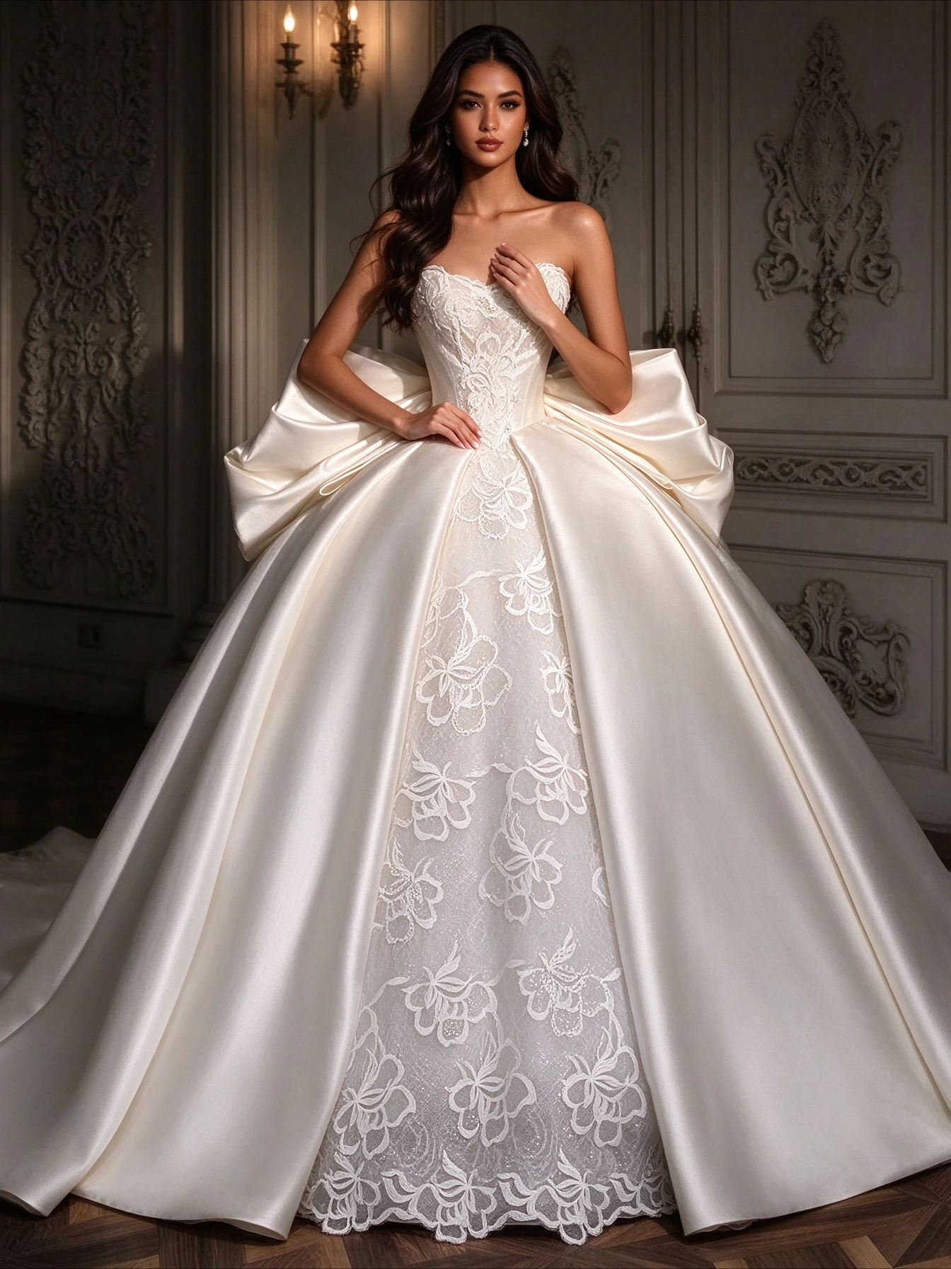 Customized Luxurious Sweetheart Satin Wedding Gowns with Court Train Bow Sleeveless Bridal Dress for Castle Wedding Ceremony