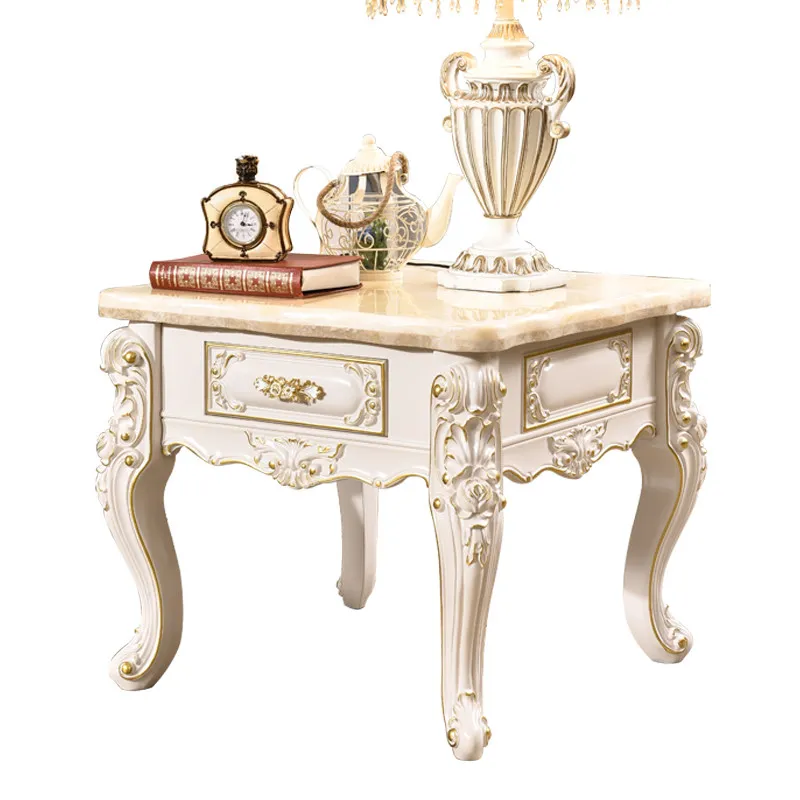 ^European-style Oak Wood Corner Table Carved square Side Table Telephone Desk Antique-finish Small square Table Drawers Marble