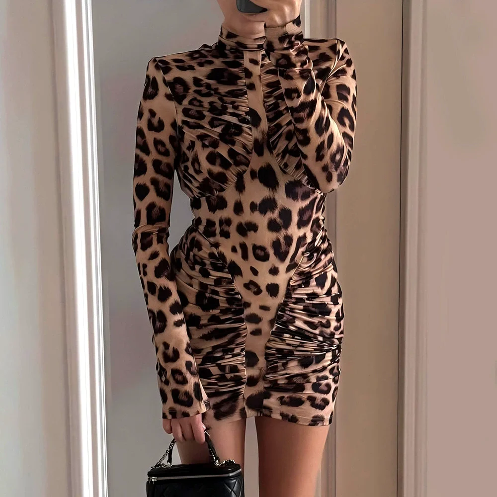 Absobe Fall Winter Women Leopard Print Mini Dress Ruched Long Sleeve High Neck Sexy Backless Cut Out Bodycon Party Streetwear