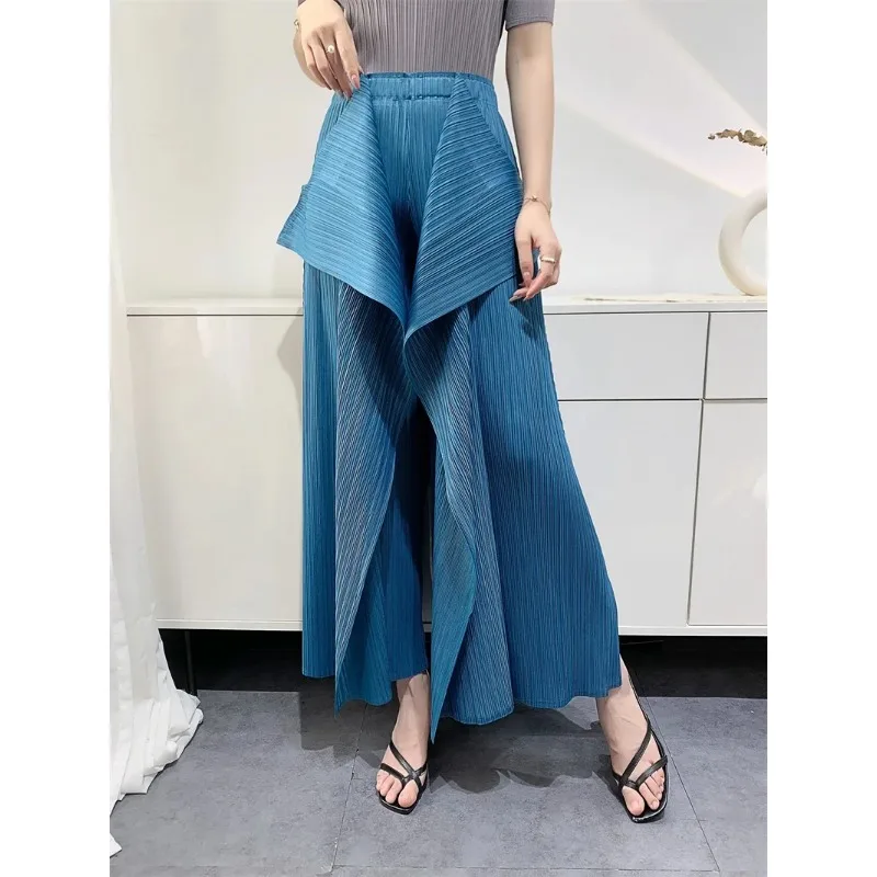 GGHK Miyake Pleated Women Casual Pants Spring and Autumn New Solid Color High Waist Splicing Retro Design Loose Wide Leg Pants