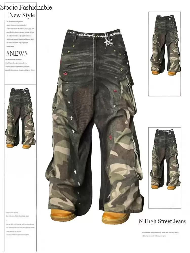 ผู้หญิงสีเขียว Spliced Cargo Baggy กางเกงยีนส์ Y2K ญี่ปุ่น Harajuku Streetwear 2000s สไตล์ Aesthetic Vintage กางเกงยีนส์ Emo เสื้อผ้า 2025
