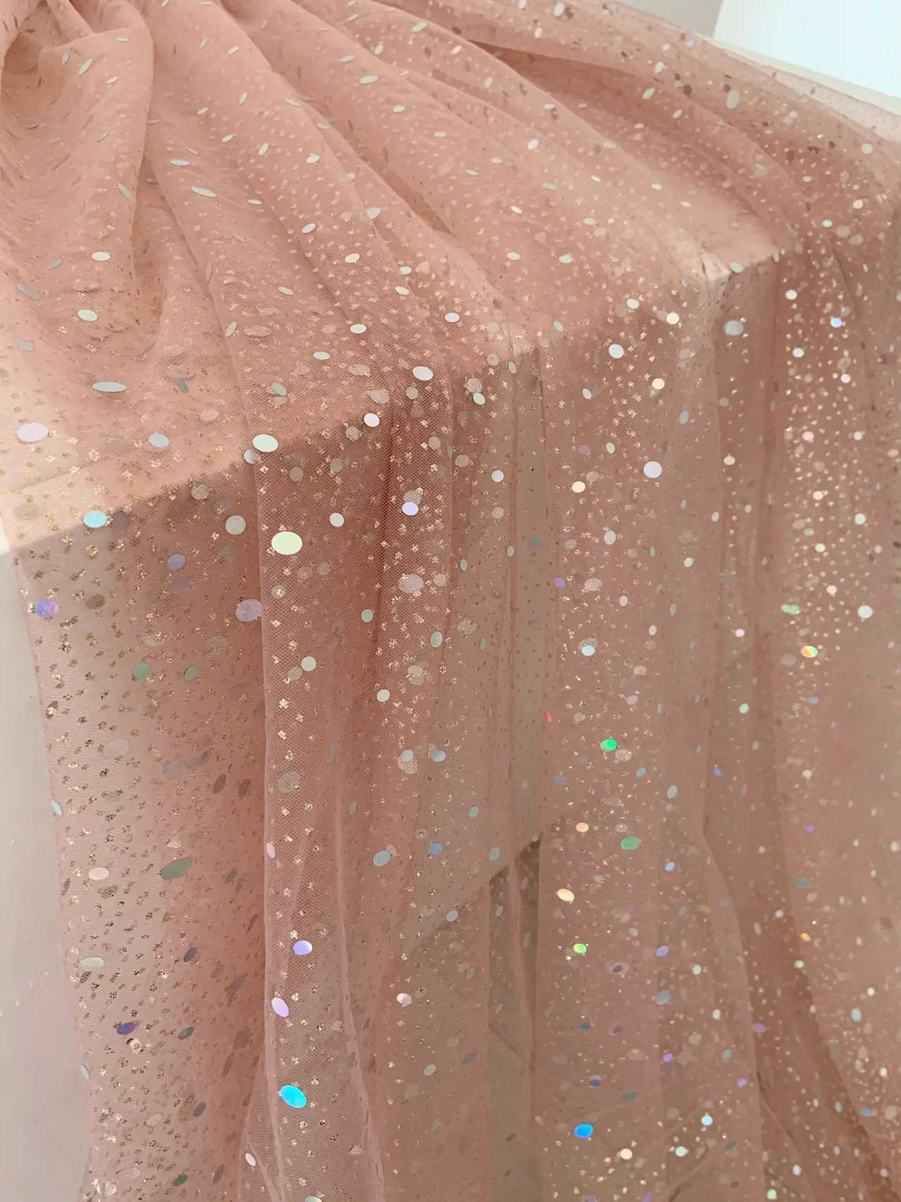 1 Yard Mauve Pink Sequined Tulle Lace Fabric Glitter Netting Sparkle Galaxy Gauze for Wedding Dress,Girl's Skirt