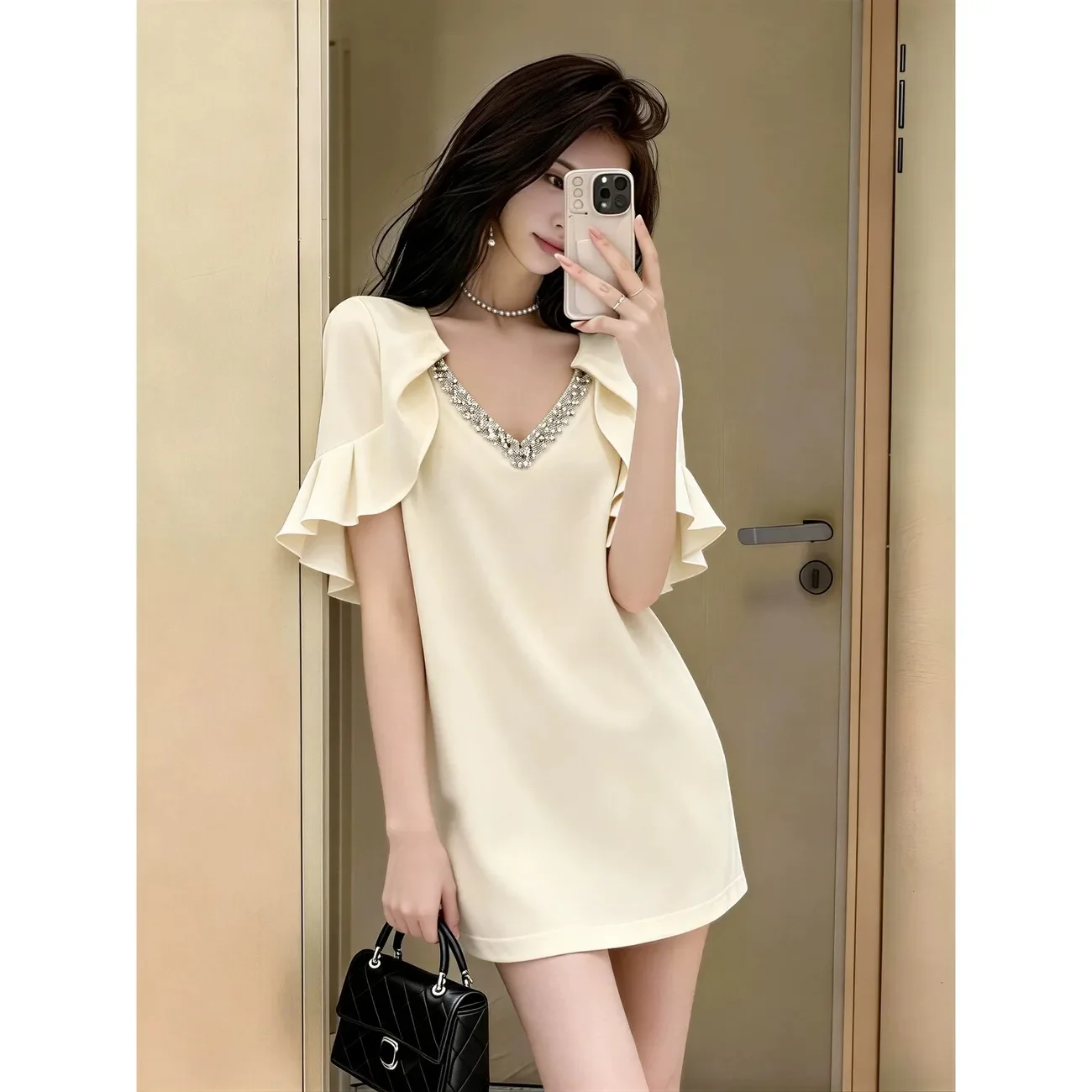 

Cream V Neck Blouse with Beaded Trim and Butterfly Sleeves Women Elegant Short Sleeveless Blouse Summer Lightweight Chiffon Top