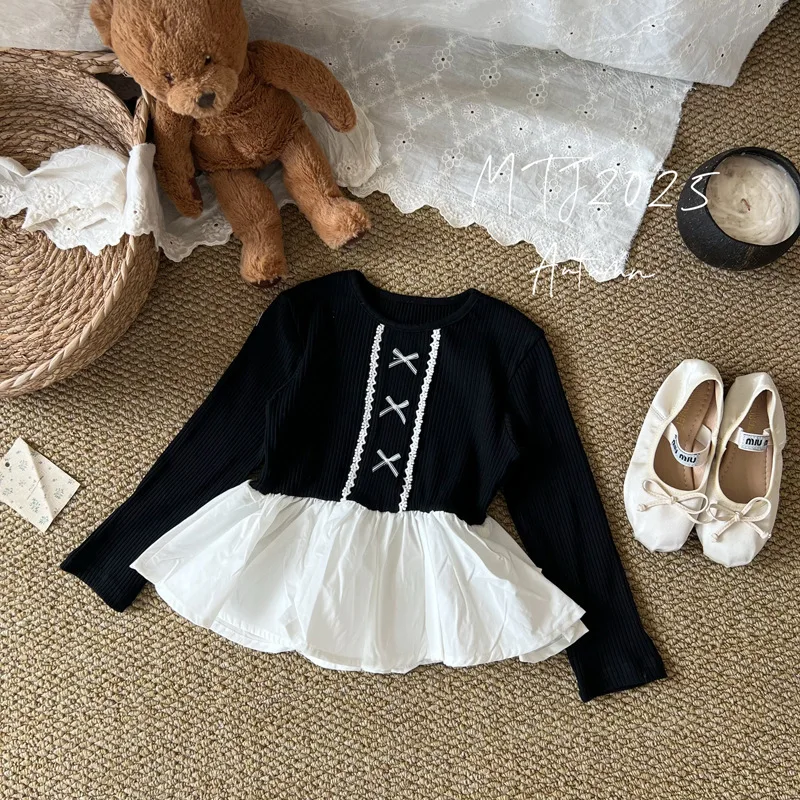 

2025 Autumn Winter Cotton Children Clothes Sweet Girls' Bowknot Base UnderShirt Kids 3y-10y Patchwork Ruffle Long Sleeve Outfit