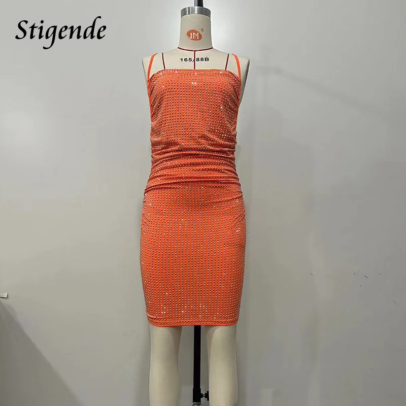 Stigende Women Sexy Slim Rhinestone Cami Dress Backless Lace Up Spaghetti Strap Short Mini Dress