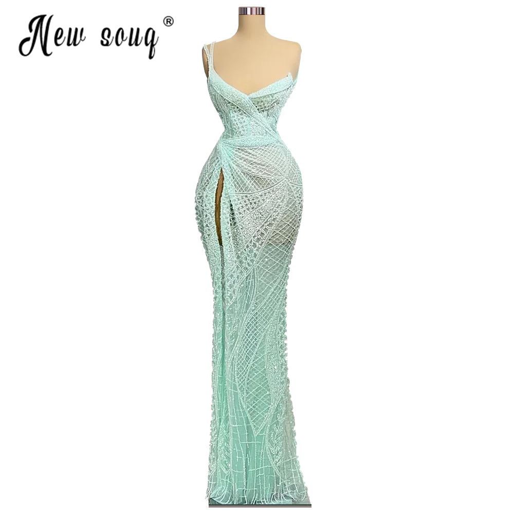 Sequin Mint Green One Shoulder Mermaid Evening Dress Long Arabic Formal Prom Gowns for Wedding Party 2022 Split Side Beads Robes