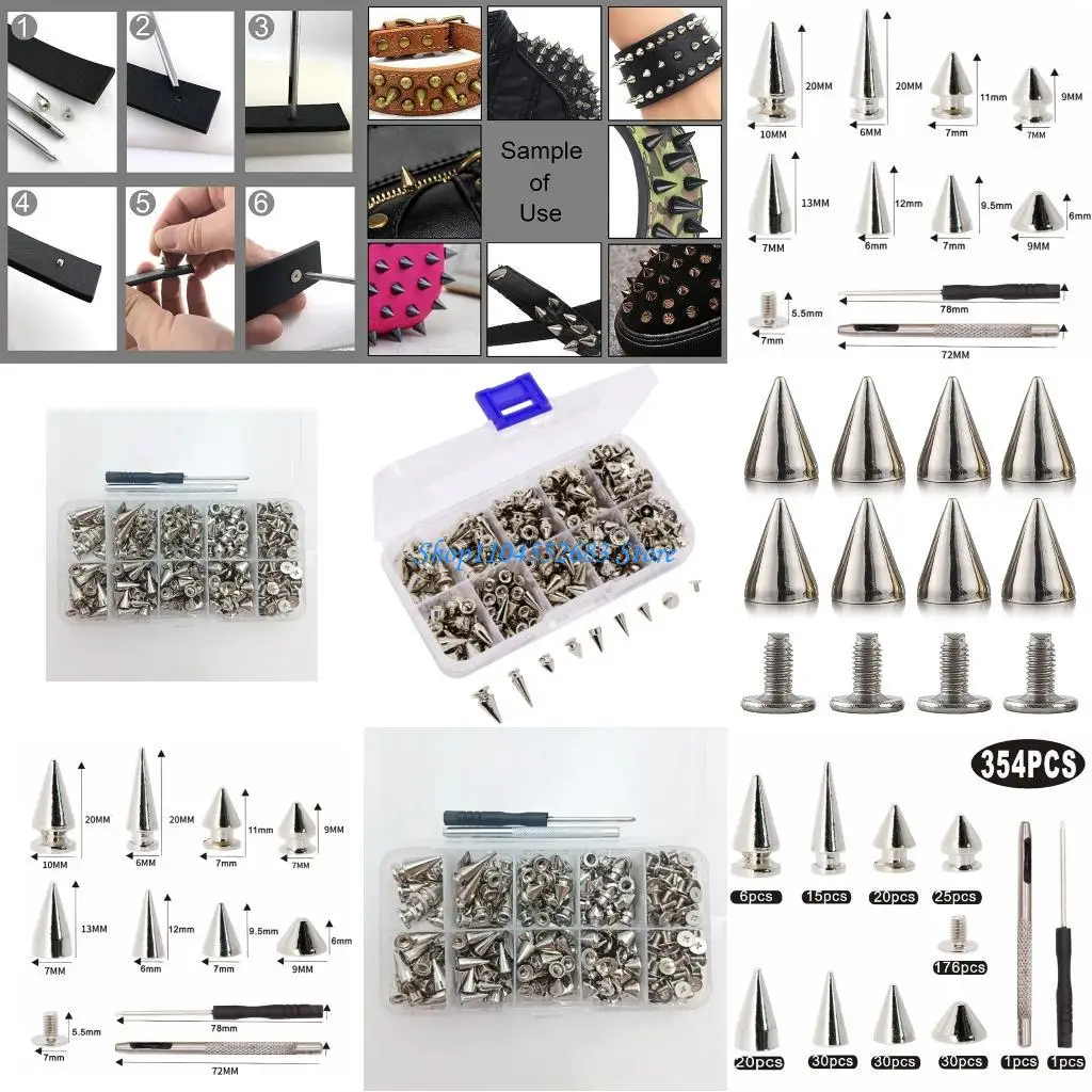 

Y6GD 354Pcs Punk Spikes and Studs 8 Size Cone Spikes Metal Tree Spikes Studs