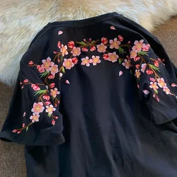 Niche high-end design heavy embroidery floral T-shirt tops for men  women summer loose chic couple short-sleeved T-shirt y2k ins