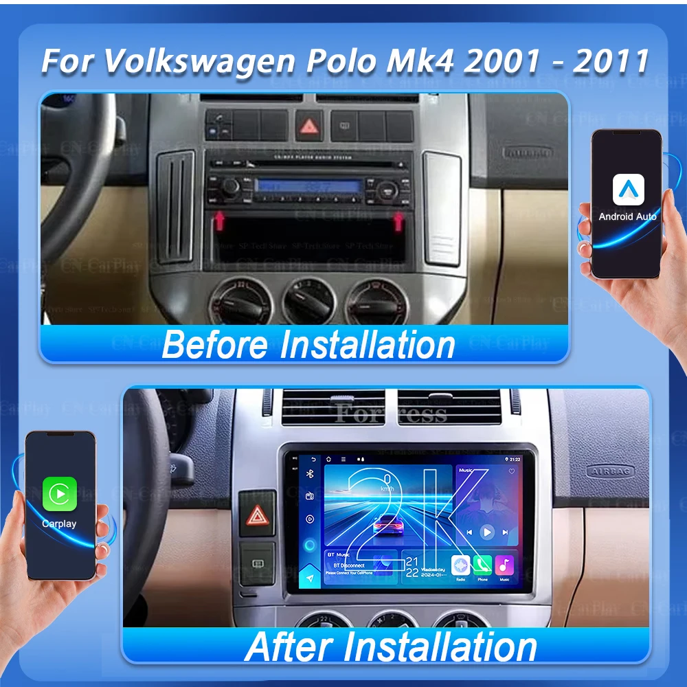 Android 16 For Volkswagen Polo Mk4 2001 2002 - 2011 Car Radio Multimedia Player Carplay Auto Stereo GPS Navi 2din DSP Head Unit