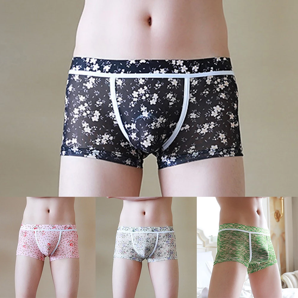 남성용 섹시한 음낭 벌지 복서 브리프, 메쉬 시스루 언더팬츠 반바지, U 볼록 파우치 속옷, 통기성 팬티