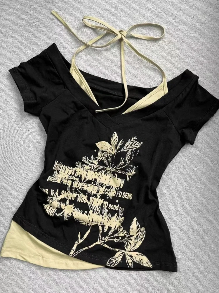 2025 Summer Y2k Vintage Graphic T Shirts Women Grunge Streetwear Hot Girl Slim Fit Tee Harajuku Fashion Casual Sweet Tops Chic