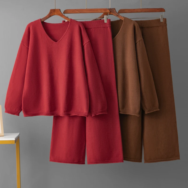 Warm Winter Knitted Two Pieces Sets Women Outfits Long Sleeve V Neck Sweaters+Casual Wide Leg Pants Basics Loose 2pcs Suits