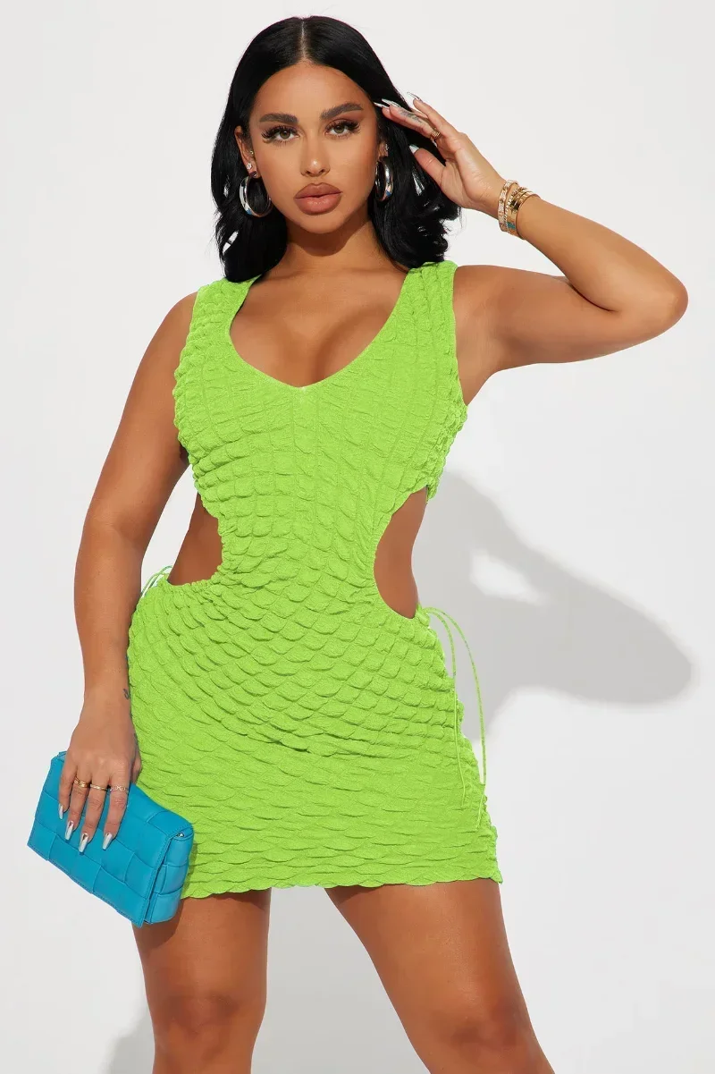 GUWU เซ็กซี่ Cutout Drawstring ม้วนเอว Seersucker แขนกุด V คอถัง Bodycon ชุดสั้นฤดูร้อน Chic ชุดสตรี