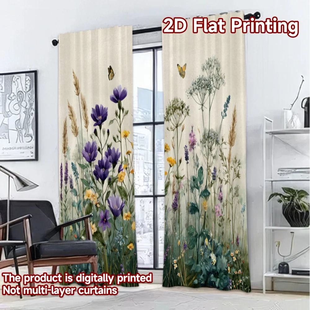 2D FLAT PRINTING 2pcs Curtains (Without Rod) Spring Butterfly Garden(1) Chic Curtain Cloth Polyester Easy Install Curtains
