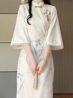 Spring New Elegant Improved Cheongsam New Chinese Style Floral Lace Inverted Large Sleeves Young Girl Long Qipao Dress