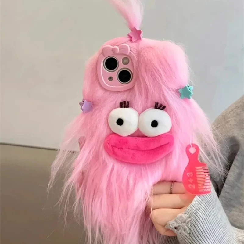 

Korean Funny Fluffy Plush Monster Case For iPhone 17 Pro Max Case 16 15 14 13 12 11 Cute Girl Winter Warm Cover Fur Soft Coque