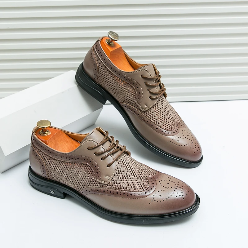 

Summer Men Business Dress Shoes Pointed Mesh Breathable Casual Leather Shoes Lace Up Business Block Shoes Sizes 38-46 Men Shoes