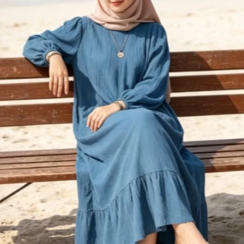

Spring Autumn Fashion Muslim Women's Robe Long Sleeved Retro Solid Color Maxi Dress with Ruffled Hem for Daily Wear