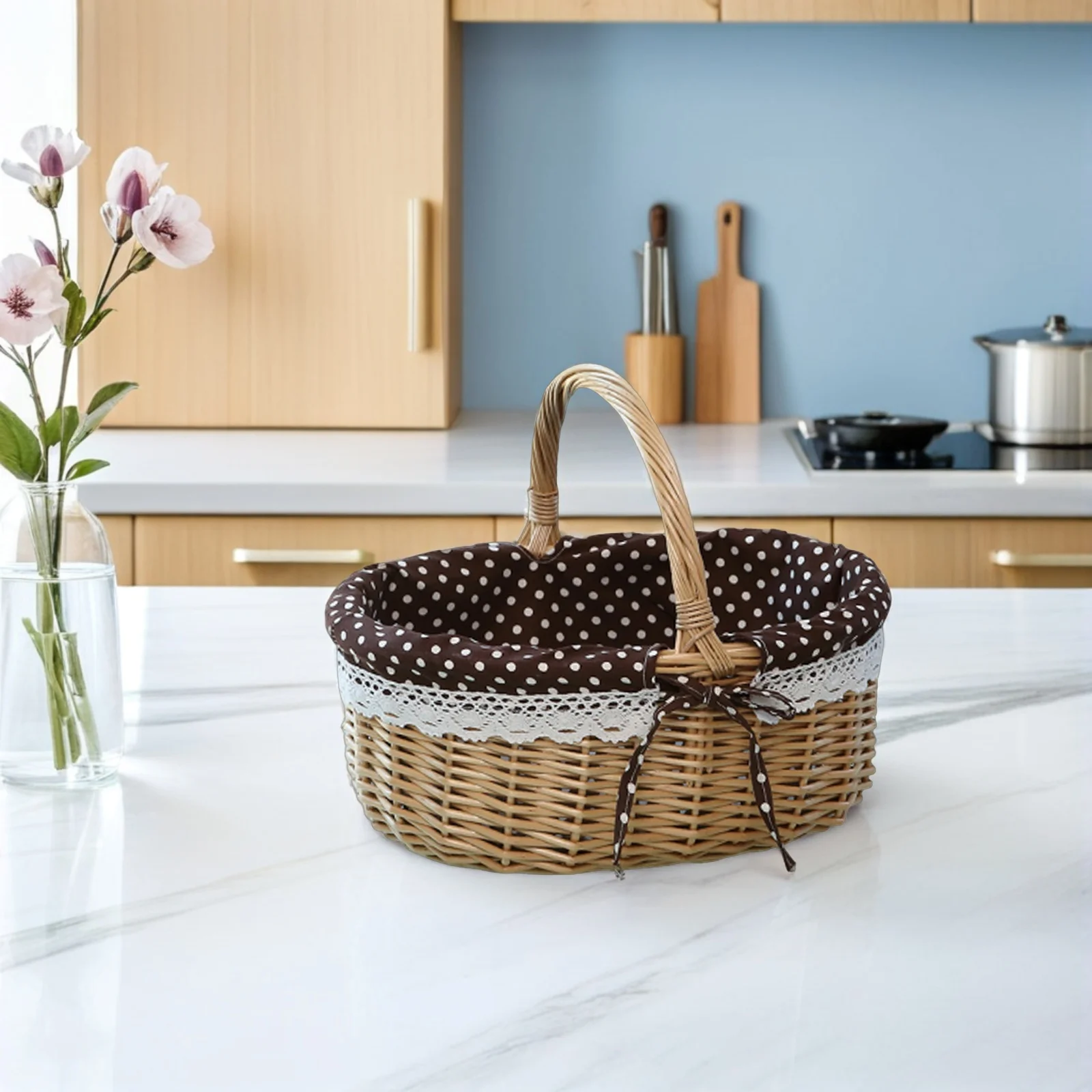 

Wicker Fruit Storage Basket S Size Coffee Fabric White Dots Interior Handmade Natural Basket for Bread Chips Keys Wallet Home