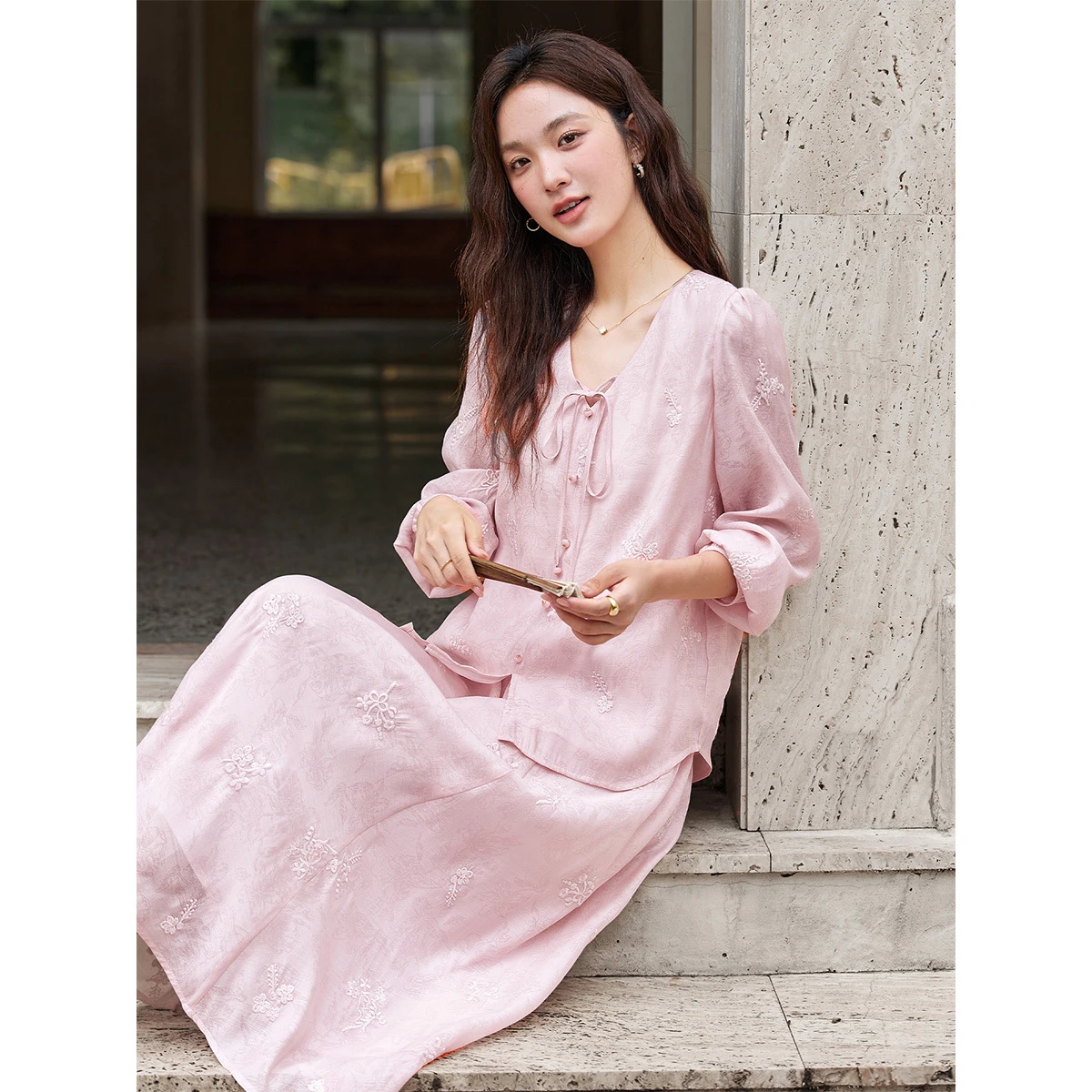 Vimly Skirt Set Women's Autumn 2025 Embroidery Textured Floral Print Blouse & Long Skirt Vacation Elegant 2 Piece Outfit A2972