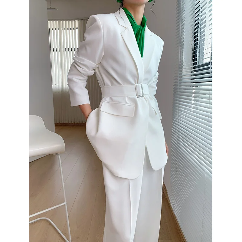 KARFELY Elegant Loose Tunic Style Three-acetate Suit Jacket with Slits Straight Cut Commute Style Long Sleeve Classic Collar