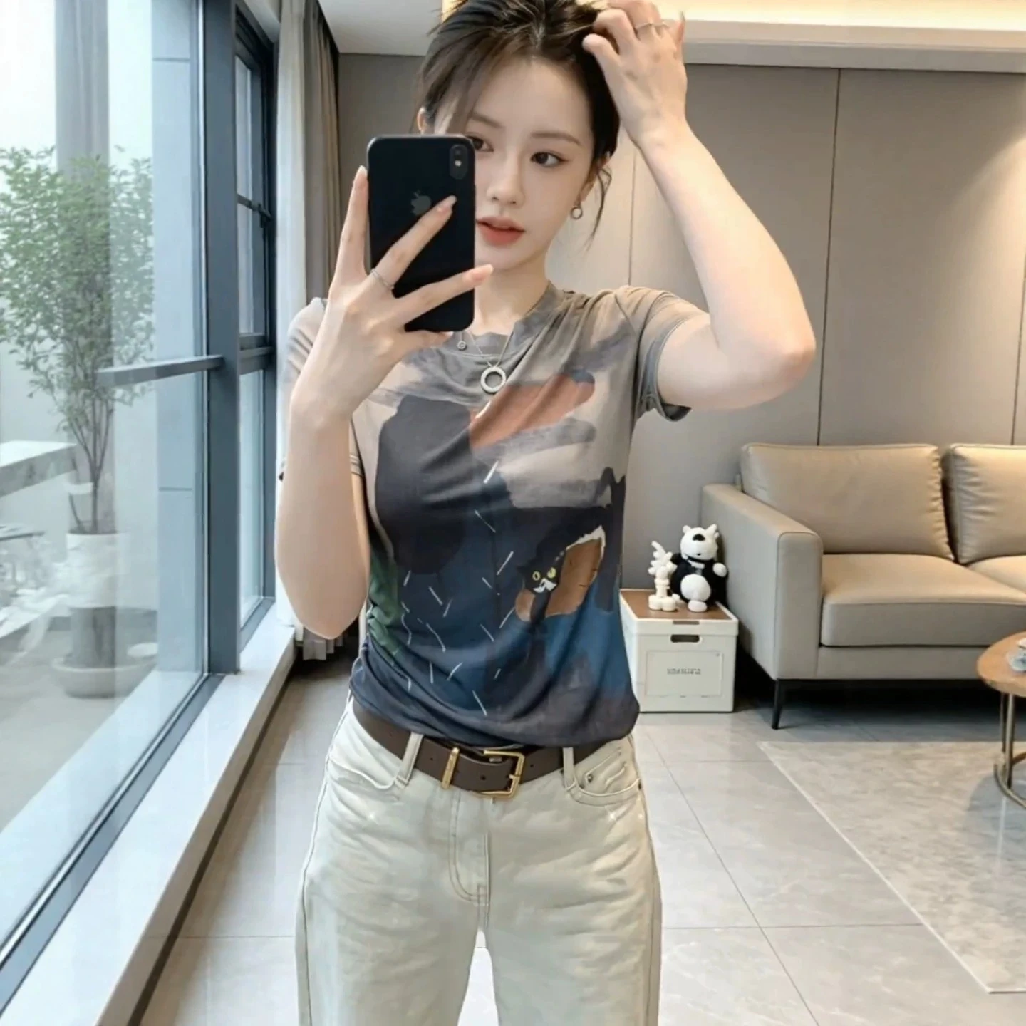 Summer Thin Short Sleeve T-Shirt Women's Euro Style Dyed Print Slim Fit Anti-Aging Top Korean Version Commute Style round Neck