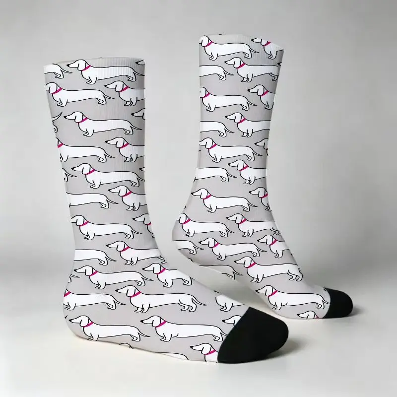 Cute Dachshund Print Crew Socks Whimsical Cartoon Dog Pattern Casual Socks with Pink Collar Detail Soft Stretchy Comfortable
