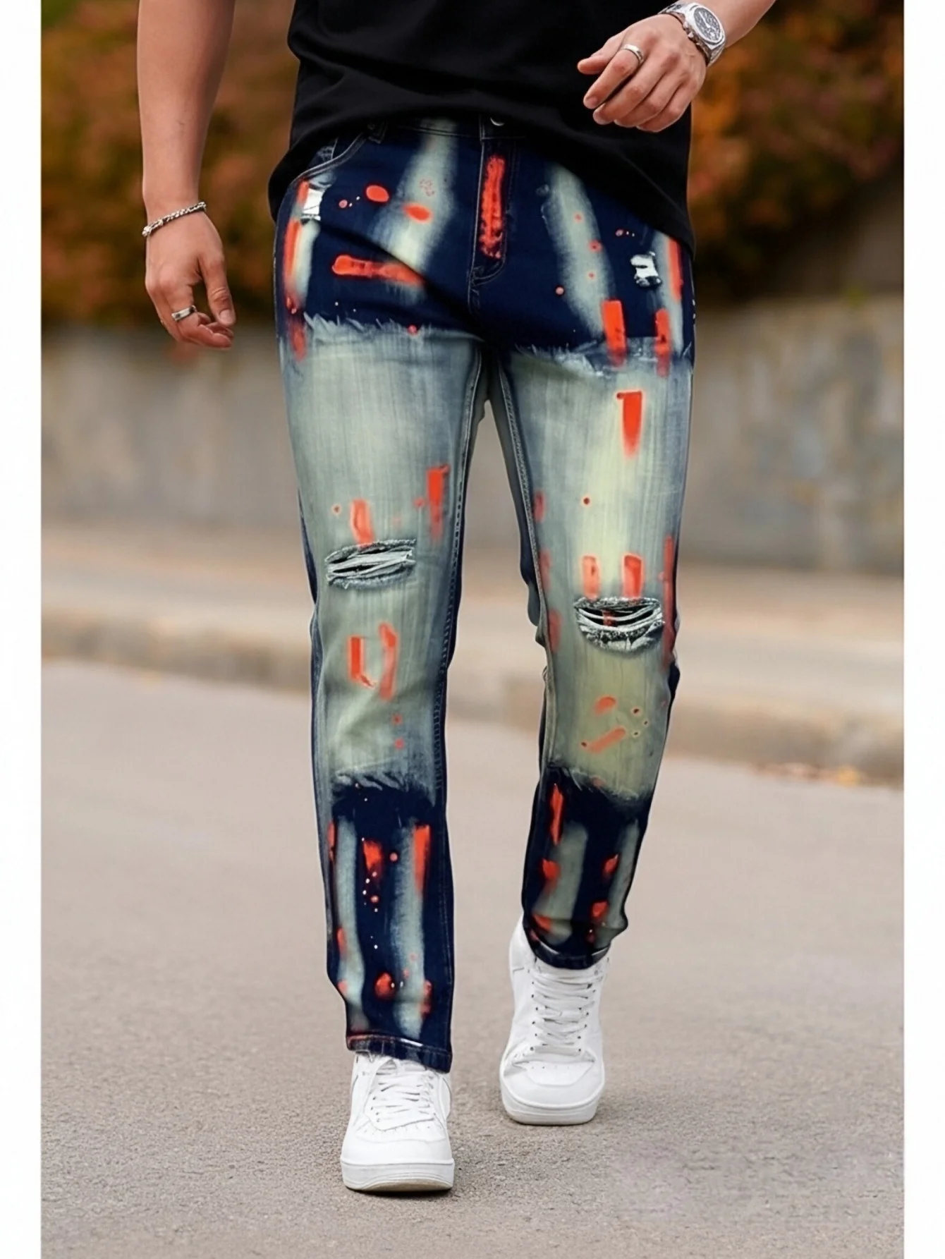 Men's Y2K-Style Denim Pants With Hand Drawn Colorful Tear Stop Pattern Design  Best Selling Product  Free Shipping Included