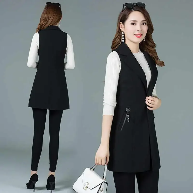 Classic Women Long Blazer Vest Elegant Office Lady Coat Female Waistcoat Casual Suits Sleeveless Jacket Pocket Outwear E244