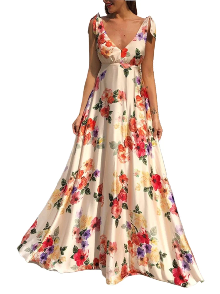

Flower Print Bowknot Leace-up Sleeveless Long Dresses Women Sexy V-neck Backless Evening Party Maxi Dress 2024 Spring Summer New