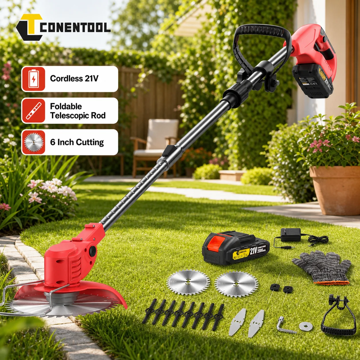 Recortadora de Césped Inalámbrica CONENTOOL 21V 650W 8500r/min, Recortadora Eléctrica con 5 Accesorios de Corte para Jardín y Patio