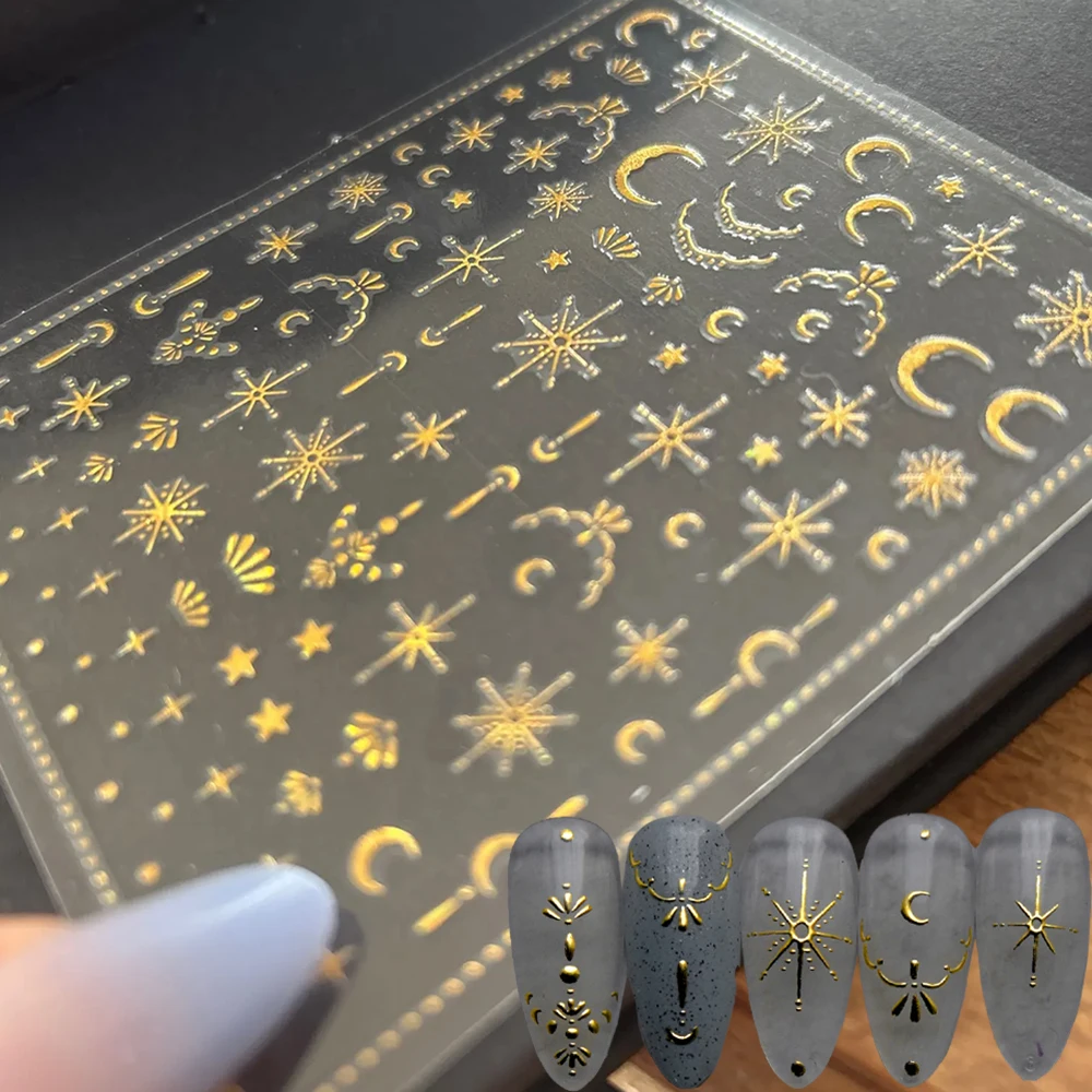 7 unids/set 3D sol/luna/estrella bronceado pegatina artística de uñas oro/plata/negro/blanco estrella Luna calcomanías de uñas 8*10cm autoadhesivo Sli