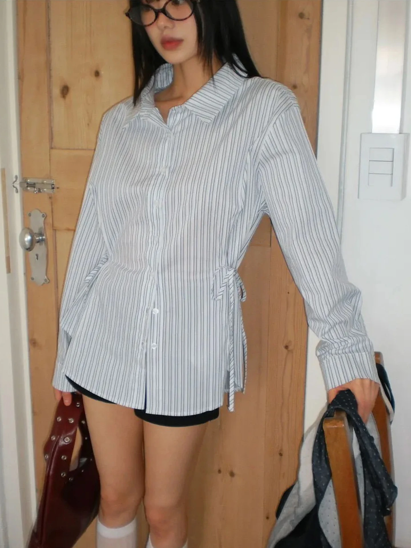 Csa a Rayas de Corte Ajustado para Mujer, Estilo Casual, Lazada Lateral, Cintura Ajustada, Manga Larga, Top Moderno, Noved...