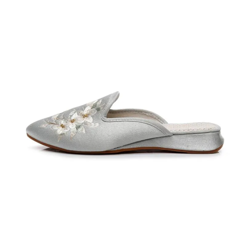 Ethnic Embroidered Satin Slippers for Women Vintage Dress Slides Female Backless Sandals, Spring and Summer Shoes