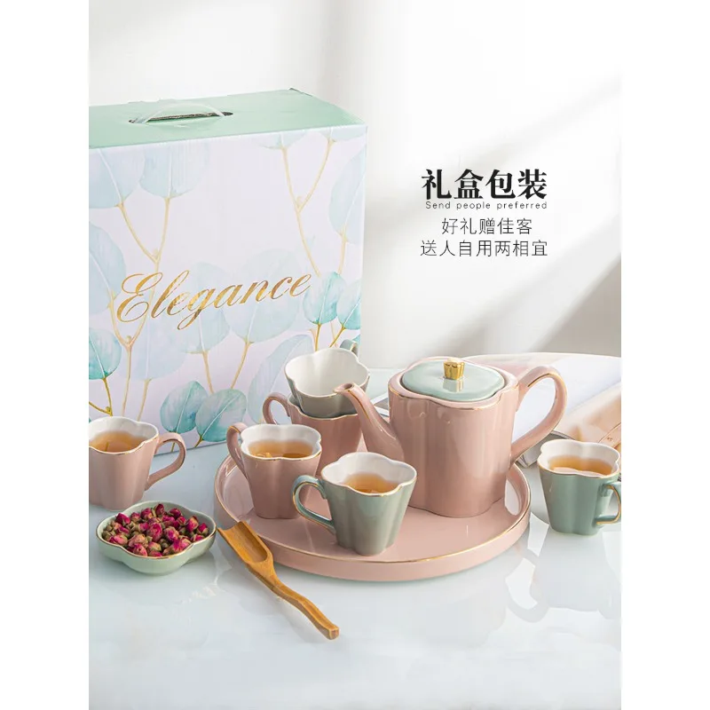 Pink petal ceramic water set online celebrity ceramic kettle cup set girls like flower tea set.