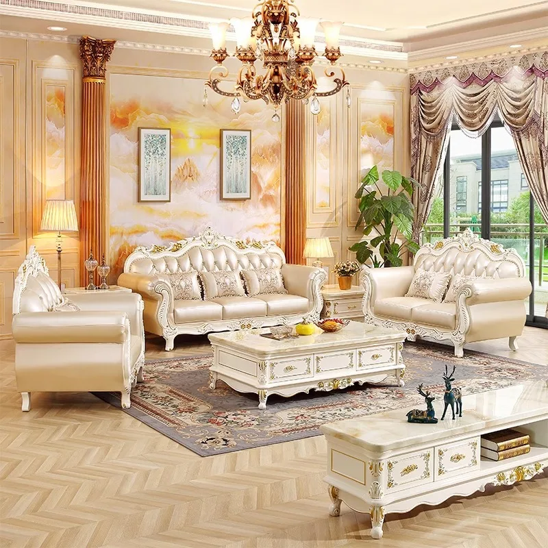 European Leather Combination Leather Art Sofa Ivory White U-shaped Living Room Solid Wood Carving Flower Sofa Luxury French 123