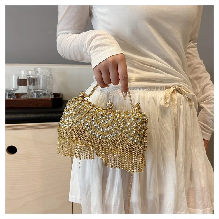 

Bright Rhinestone Dinner Bag, Tassel Party Hand-held Banquet Bag, Fashionable Socialite Evening Wear, Single-shoulder Diagonal