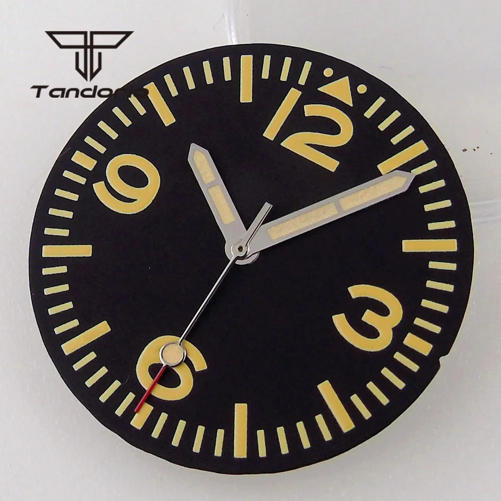 

29mm Black Aviator Pilot Watch Dial Face Hands Set Yellow Marks Luminous Fit NH35 NH36 ETA2824 PT5000 Miyota82 Series Movement