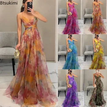 New 2026 Women's Summer Printing Maxi Dress Elegant Sleeveless V-Neck Club Party Dresses Women Sexy Deep V Backless Sling Dress