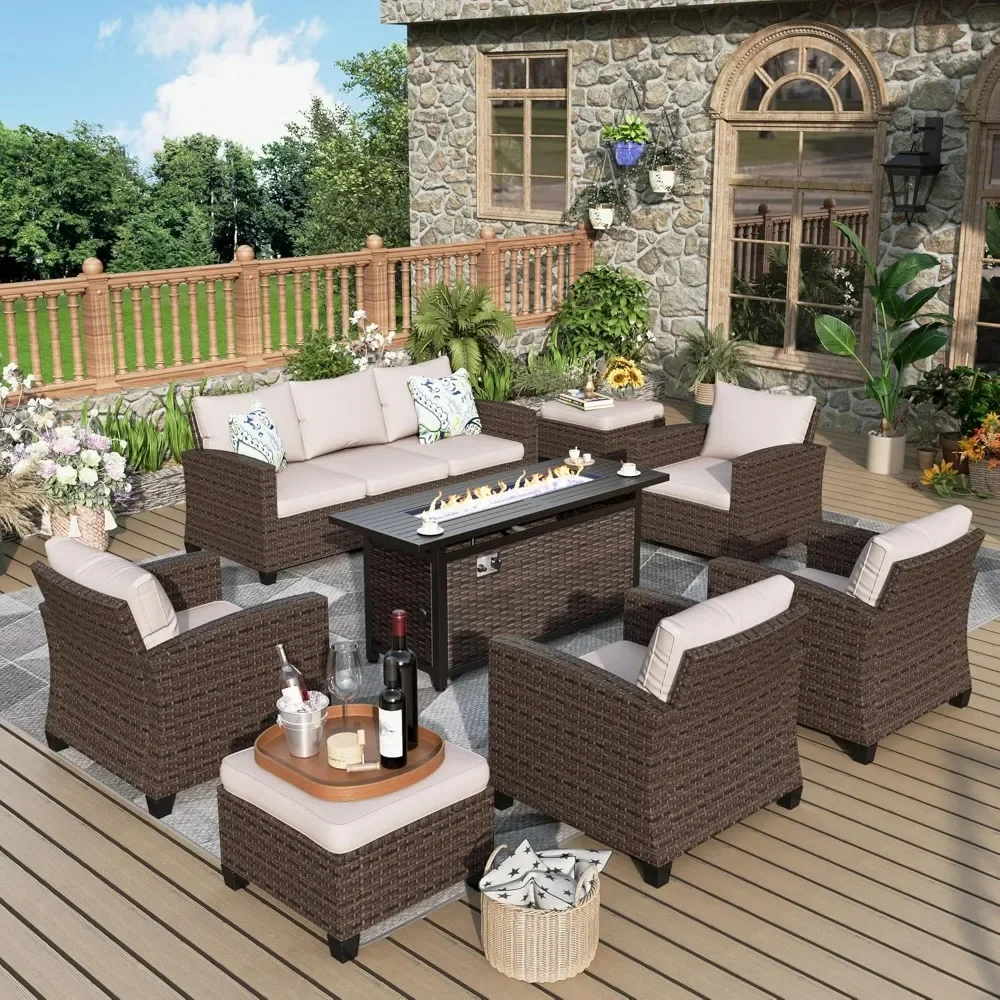 

Patio Furniture Set, 8 Pcs Wicker Outdoor Conversation Set, 4 Leg Chairs with 4" Thick Cushion and 56" Fire Pit Table