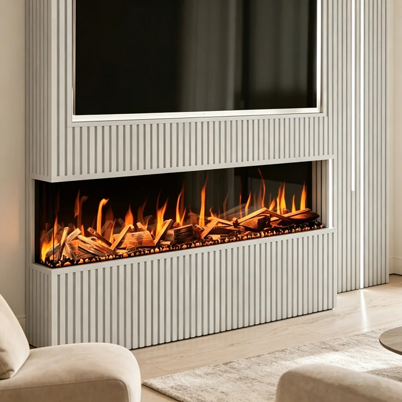 Premium Recessed LCD Electric Fireplace Crystal Flame Touch Screen Control for Resort Villa Bedroom