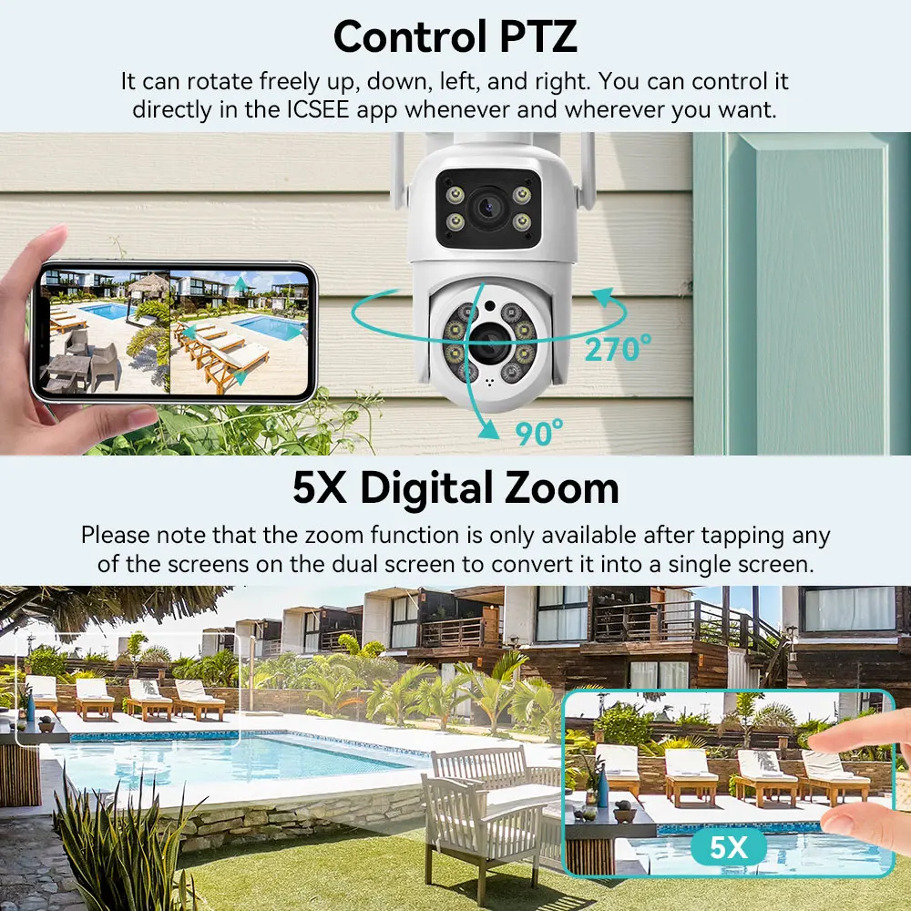 8MP 4K PTZ Security Camera Dual Lens WiFi Outdoor Auto Tracking Dual Screen AI Human Detection Color Night Vision ICSEE APP