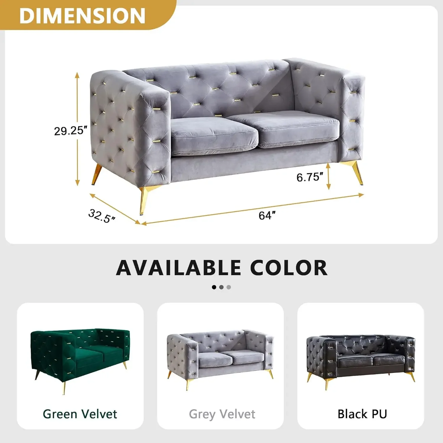 Modern 2-seater style velvet sofa with square armrests and metal cluster buttons, metal legs